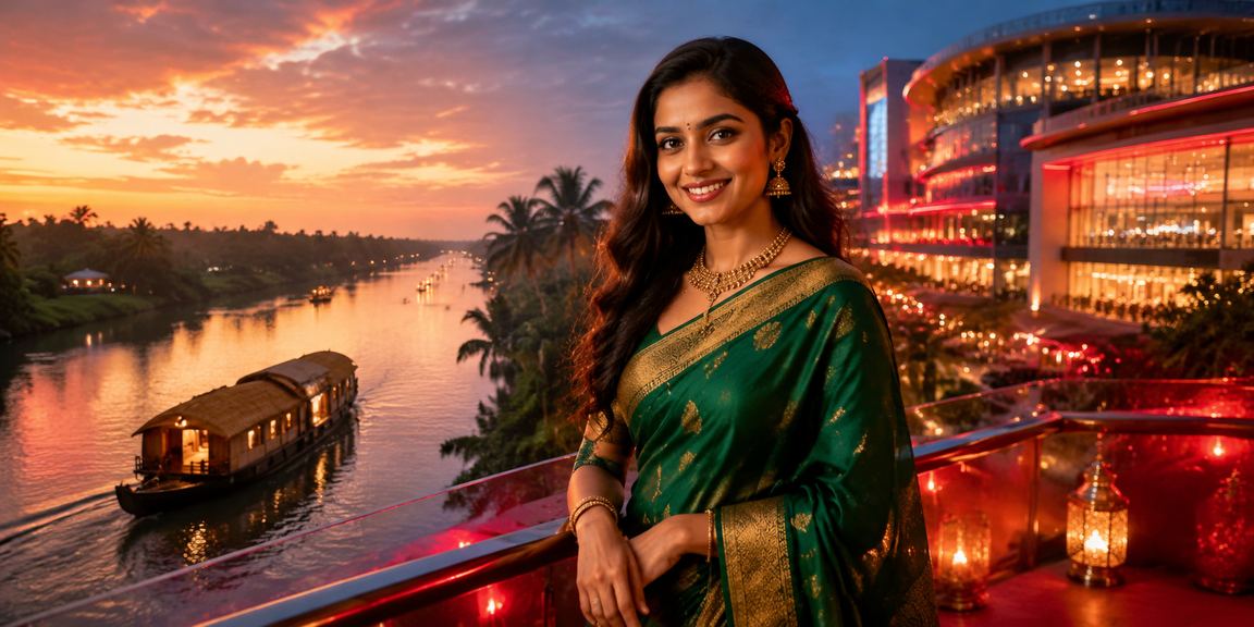 Scenic Kerala backwaters with cultural festive elements and betting theme